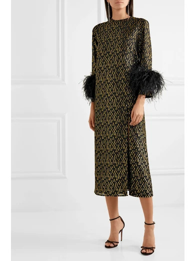 Billie feather-trimmed fil-coupé crepe midi dress | NET-A-PORTER (US)