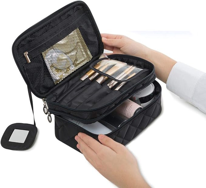 Portable Makeup Bag, WuHua Double Layer Cosmetic/Toiletry Brush Bag for Women, with Mirror Travel... | Amazon (US)