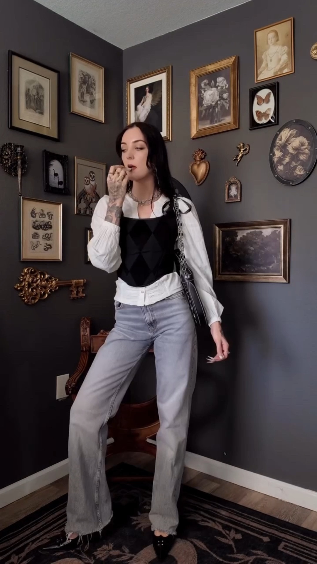 highly requested ~ casual goth outfits in jeans 

outfit 1:
overdress @foxbloodshop 
earrings & necklace @regalrose dc aussiedomxo 
shoes @miista 
bag @uchronictime 

outfit 2 
corset @shopneverwhere 
bag @fashionphile 
shoes @fluevog 

outfit 3 
top & dress @zara 
shoes @jeffreycampbell 

casual goth, elegant goth, goth in jeans, casual goth outfit inspo, soft goth aesthetic, soft goth styling, everyday goth, low effort goth fashion #gothstyle #alternativefashion