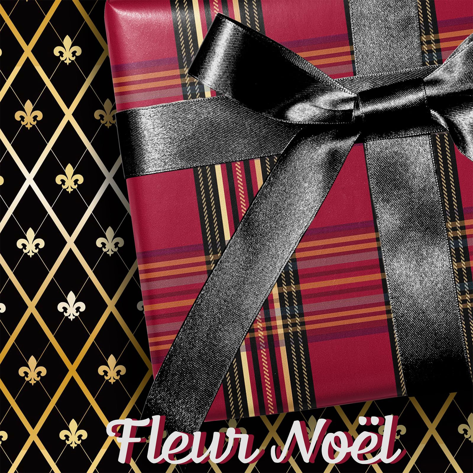 LaRibbons Reversible Christmas Wrapping Paper Mini Roll, Red Plaid and Black Base with Gold Fleur... | Amazon (US)