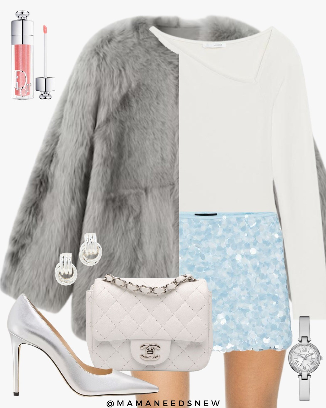 A holiday outfit with sequin mini skirt, bodysuit, faux fur coat, mini bag, heels 🩵

#LTKHoliday #LTKSaleAlert #LTKStyleTip