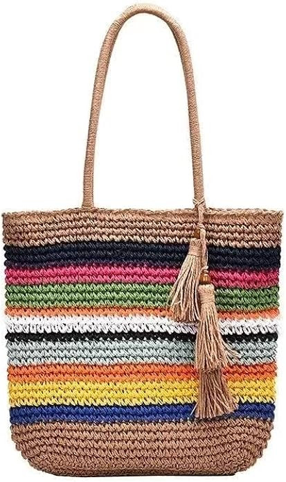 VSUVUR Women Large Rainbow Straw Beach Bag,Woven Tote With Zipper,Oversized Rattan Shoulder Bag | Amazon (US)