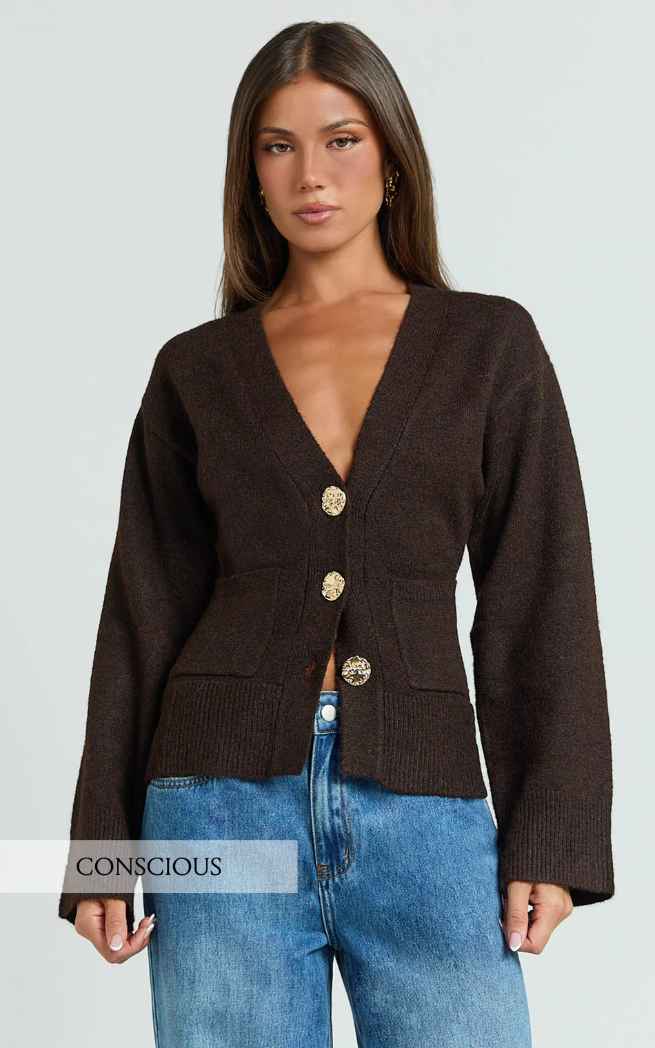 V Neck Recycled Knit Contoured Cardigan in Chocolate | Showpo (ANZ)