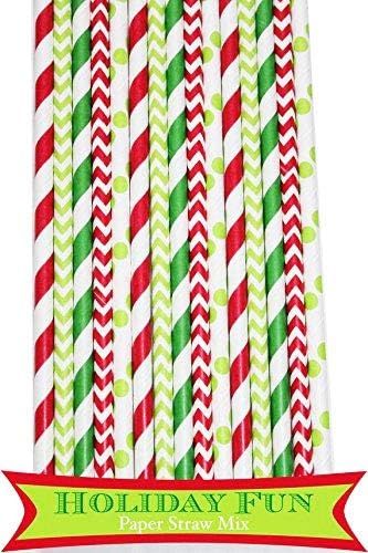 125 Pcs Christmas Green and Red Stripe Dot Chevron Paper Straw Mix | Amazon (US)