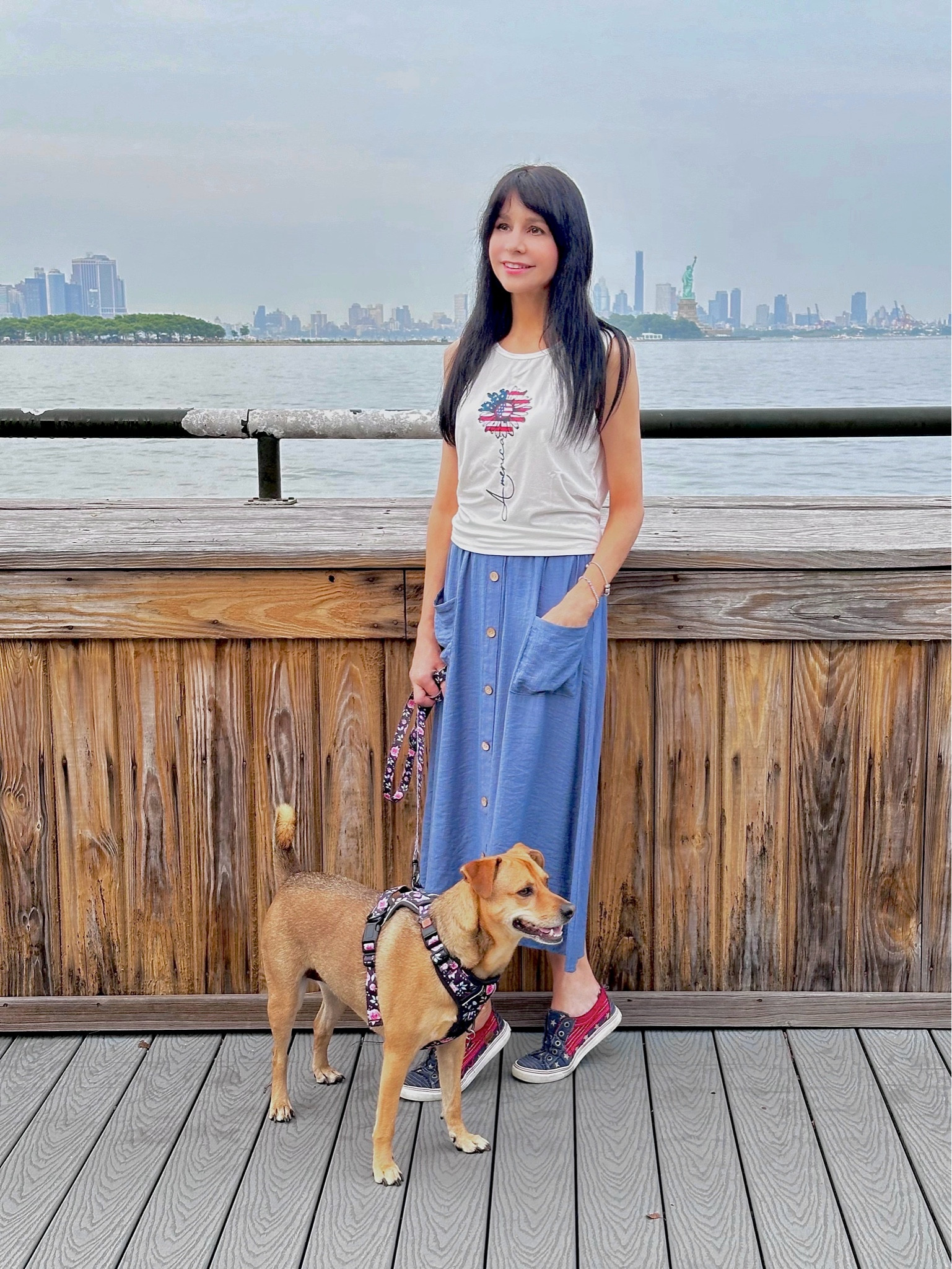 Hope everyone had a wonderful 4th of July weekend! 
We spent ours with family—fun pool time, great food, and watching both Jersey City and NYC fireworks on the Hudson at the same time!
This adorable America flower-flag tank is perfect all summer long in the heat! Paired it here with a very light, comfy skirt that is so versatile and also perfect for summer weather!