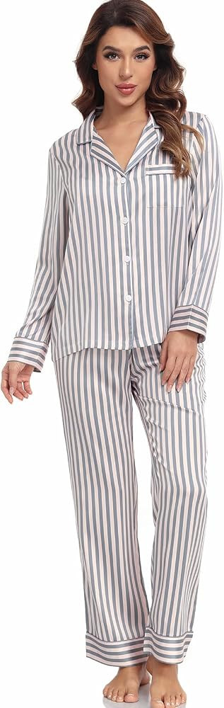 Serenedelicacy Women's Satin Pajama Set Long Sleeve Button Down Sleepwear 2-Piece Striped Silky P... | Amazon (US)