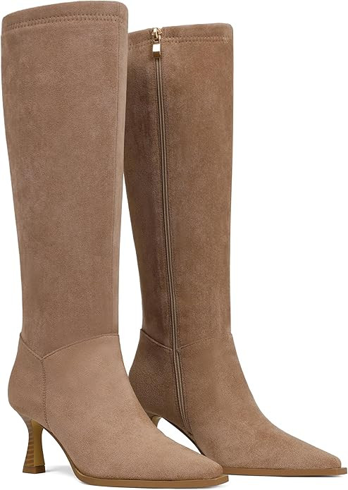 Goiphrri Knee High Boots for Women Elastic Wide Calf Kitten Heel Boots with Side Zipper Pointed T... | Amazon (US)