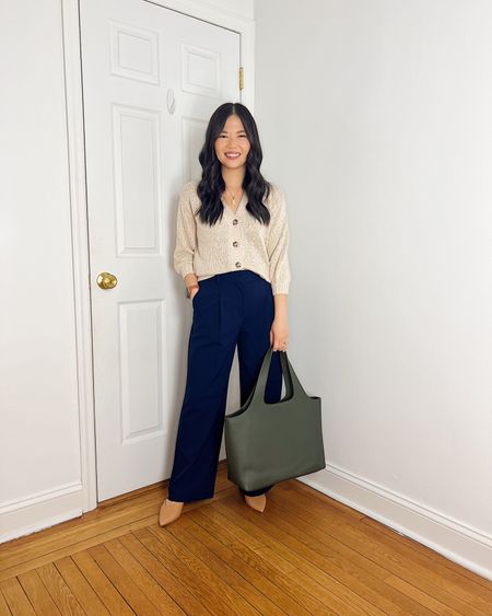 Cream cardigan (XS)
Navy pants (27P)
Navy slacks
Navy wide leg pants
Olive green tote bag
Cuyana System tote
Tan pumps (1/2 size up)
Smart casual outfit
Spring outfit
Work outfit
Teacher outfit
LOFT outfit

#LTKstyletip #LTKfindsunder50 #LTKworkwear