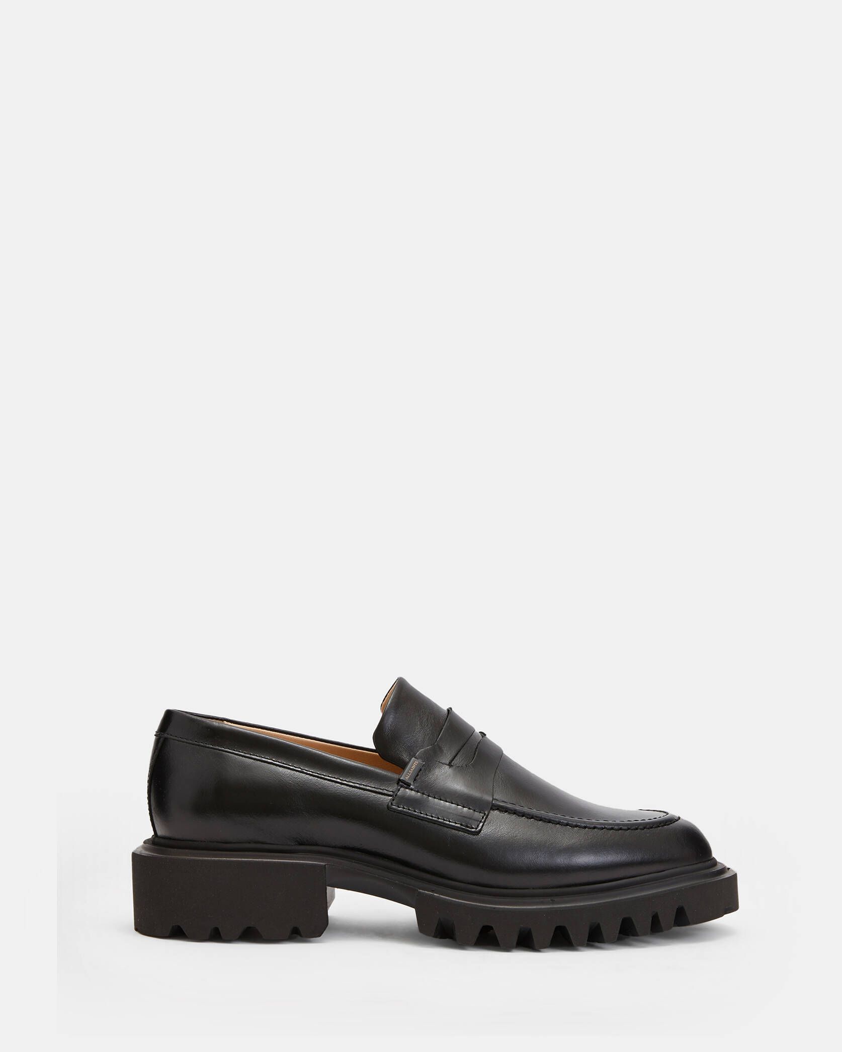 Lola Slip On Shiny Leather Loafer Shoes Black | ALLSAINTS | AllSaints UK