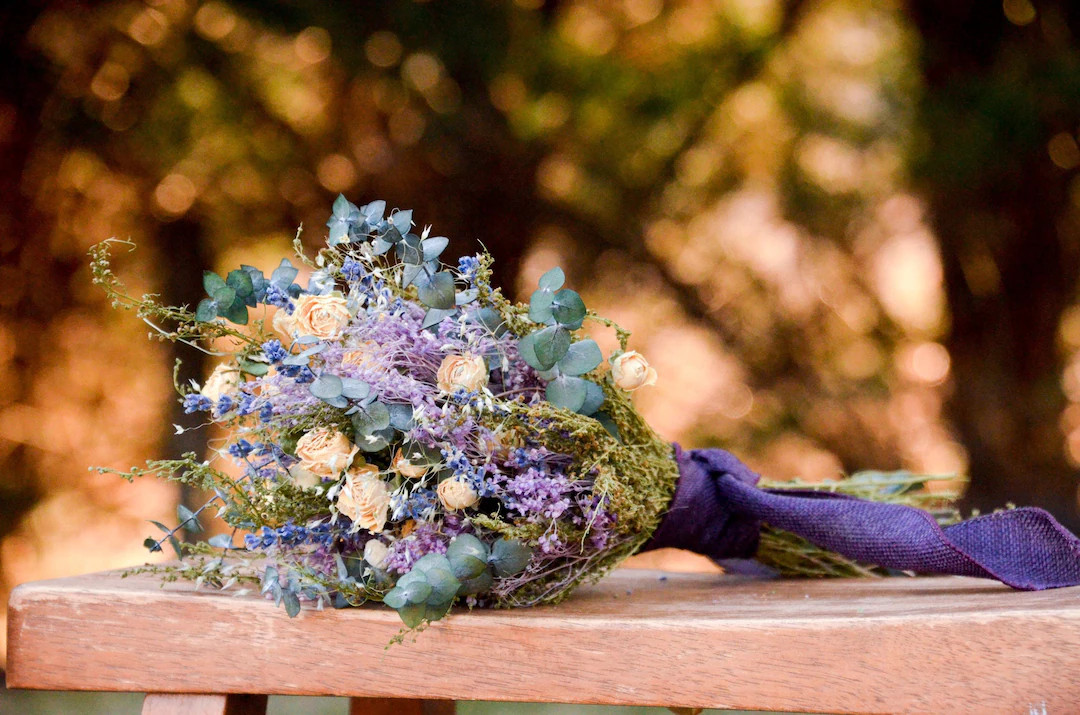 Dried Flower Bouquet: Purple Lavender & Cream Roses, Linen Ribbon - Etsy | Etsy (US)