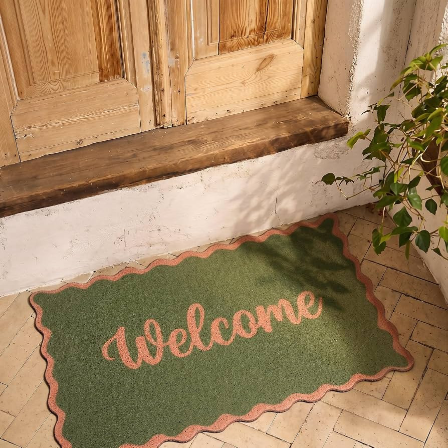 Scalloped Welcome Doormat Olive Green PVC Coil Front Door Mat with Rubber Backing 29.53 x 17 Inch... | Amazon (US)