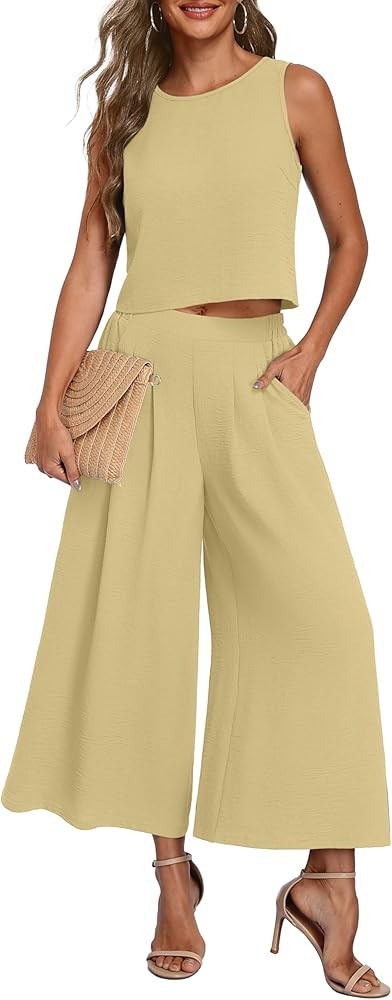 Lepunuo Womens Summer 2 Piece Outfits Sleeveless Crop Top Flowy Wide Leg Pants Matching Sets Vaca... | Amazon (US)