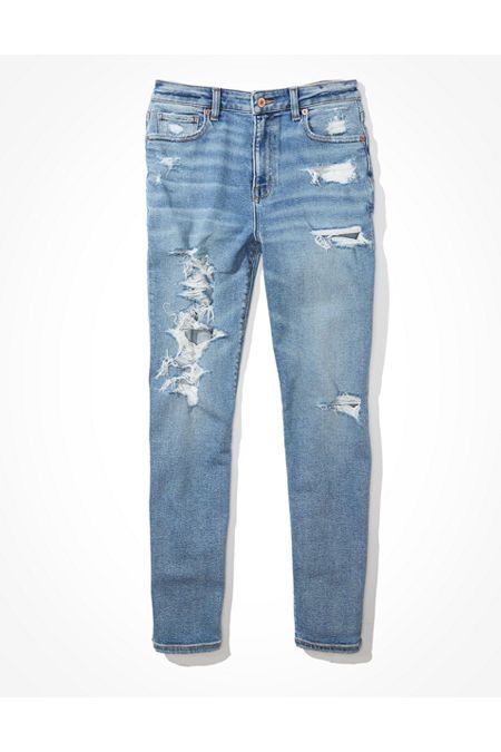 AE Stretch Ripped Mom Jean Women's Blue Path 4 X-Long | American Eagle Outfitters (US & CA)