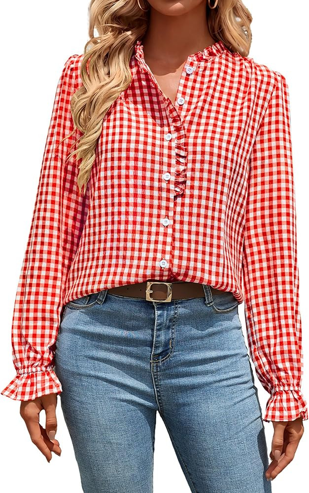 Bsubseach Plaid Shirt for Women Ruffle Button Down Blouse Gingham Top | Amazon (US)