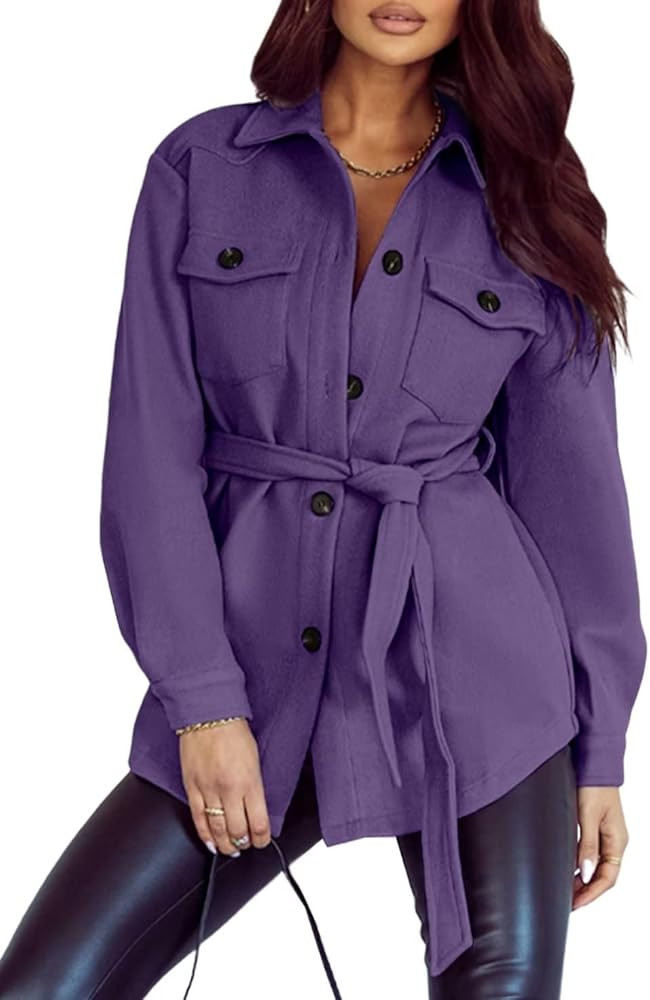 FARYSAYS Womens Shacket Jackets Fall Winter Trench Pea Coat Long Sleeve Button Down Shirts | Amazon (US)