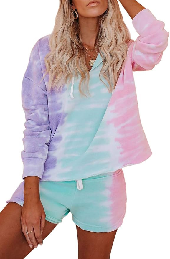 Asvivid Womens Soft Tie Dye Printed Hooded Pajamas Lounge Set Long Sleeve Tops and Shorts Nightwe... | Amazon (US)