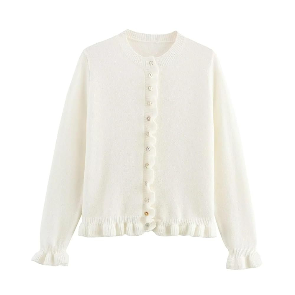 FindThy Women’s Cropped Cardigan Sweater Trendy Crewneck Ruffle Long Sleeve Button Down Knitwea... | Amazon (US)