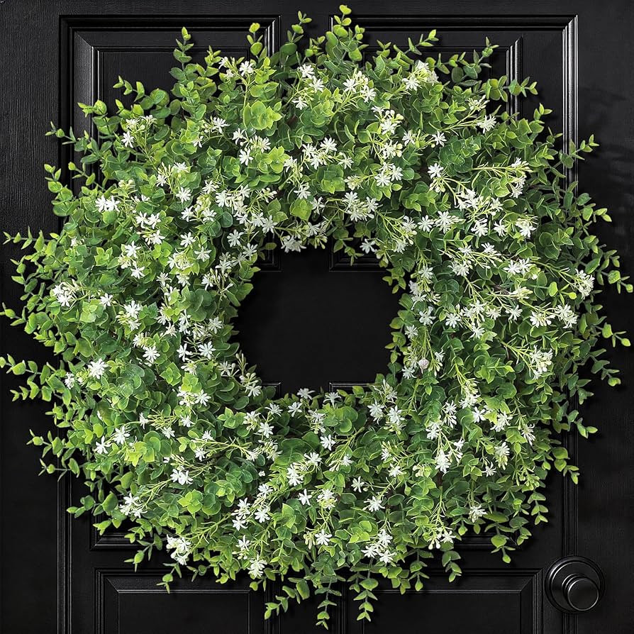 26" Artificial Eucalyptus Wreath with Baby's Breath for Front Door - Fake Eucalyptus Wreath, Spri... | Amazon (US)