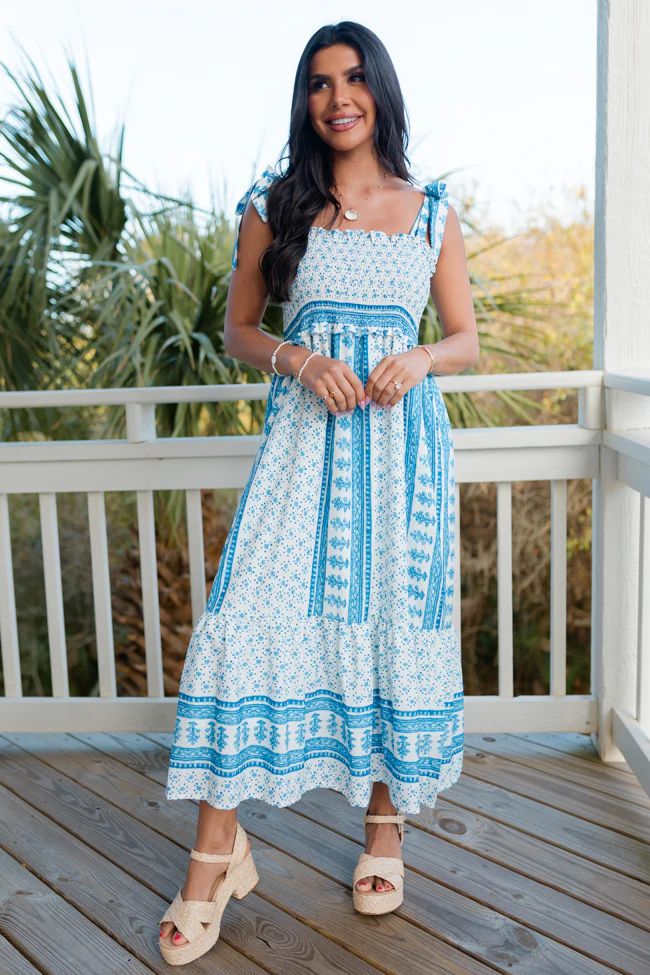 I Still Believe Blue and White Tie Strap Printed Dress SALE | Pink Lily
