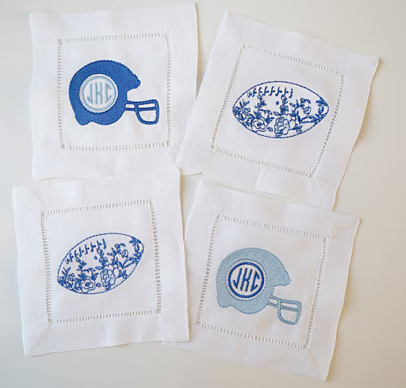 Football Blue Monogrammed Cocktail Napkins. Set of 4 . Linen. - Etsy | Etsy (US)