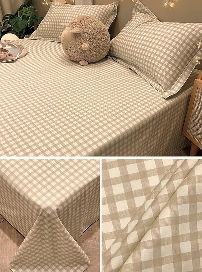Houseri Light Brown Sheet Queen White and Light Khaki Plaid Bed Sheet 1 Piece Buffalo Plaid Gingh... | Amazon (US)