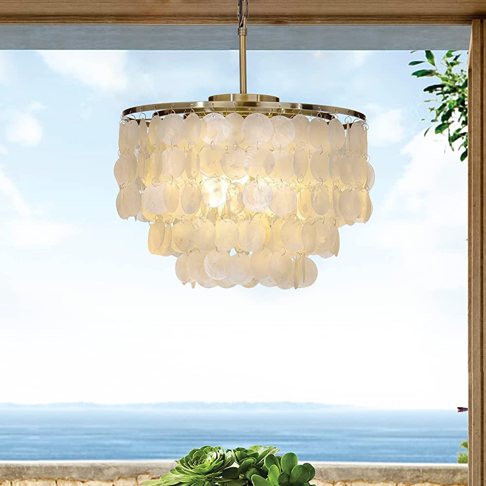 ALOADECOR 3-Light Coastal Natural Capiz Seashell Chandelier Farmhouse Round 3 Tiers Shells Pendan... | Amazon (US)