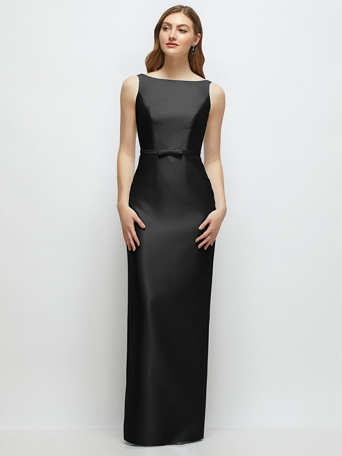 Bateau Neck Satin Column Dress with Bow-Trimmed Skinny Belt in Black | The Dessy Group