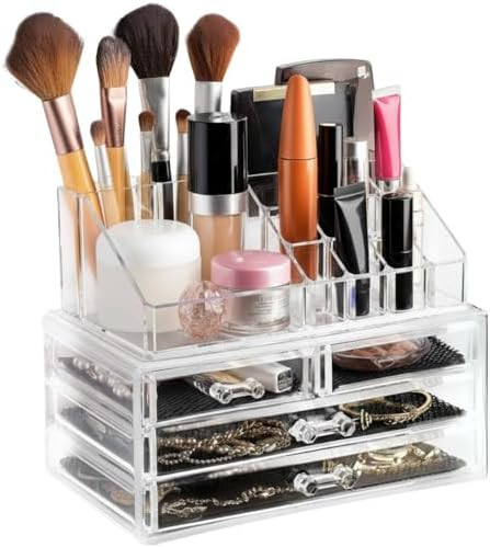 Masirs Clear Makeup Organizer - 16-Compartment Cosmetic and Jewelry Holder with 4 Drawers - Vanit... | Amazon (US)