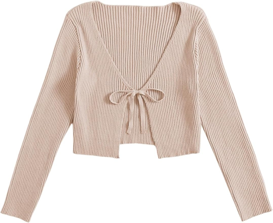 Floerns Women's Tie Front Long Sleeve Rib Knit Shrug Sweaters Cardigan Crop Top | Amazon (US)