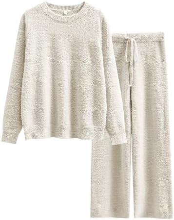ANRABESS Women's Fuzzy Fleece Pajama Sets 2 Piece Outfits Long Sleeve Top Wide Leg Pants Lounge M... | Amazon (US)
