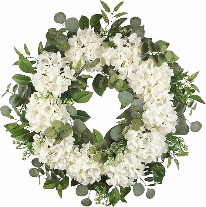 Spring Wreath for Front Door, 28 inch Artificial White Hydrangea Wreath, Spring Summer Mother’s... | Amazon (US)