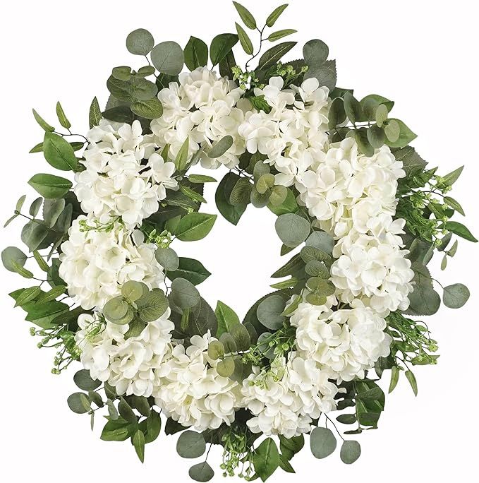 Spring Wreath for Front Door, 28 inch Artificial White Hydrangea Wreath, Spring Summer Mother’s... | Amazon (US)