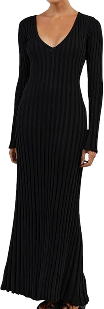 Bodycon Knit Dress for Women Long Sleeve Crew Neck Ribbed Solid Fall Long Maxi Going Out Dress | Amazon (US)
