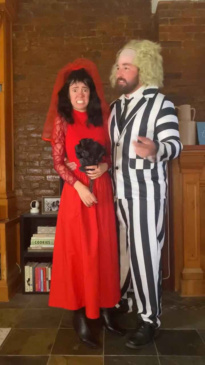 Say our names three times, and we’re ready to haunt the night! 🖤👻 

Bringing back the classics with a twist – Zach as Beetlejuice and me channeling my inner Lydia Deetz in my DIY version of this iconic red wedding dress! ❤️✨ Halloween is all about having fun with fashion, so we went for a look that’s spooky, stylish, and a little strange and unusual. 😉

See my stories or link in my bio for all the details, from Zach’s striped suit to the dramatic veil and wig (extra points if you enjoyed our acting!). Couples costumes make everything more fun – especially when you get to recreate a cult classic together. 🎬🍿

Who’s your favorite Halloween duo? And tell me – are you Team Beetlejuice or Team Lydia? 👀💀 

#LTKVideo #LTKSeasonal #LTKHalloween