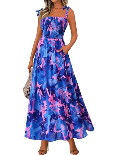 PRETTYGARDEN Womens Summer Dresses Floral Sleeveless Smocked Maxi Dress Boho Spaghetti Strap A Line Flowy Beach Long Sundress(Royal Blue,Small) | Amazon (US)