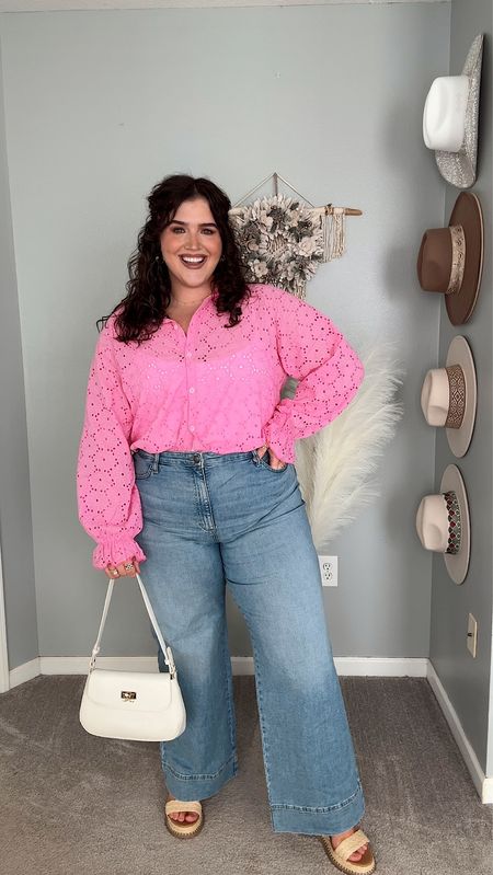 Pretty in pink Spring transition outfit 🌸✨🩷 Eyelet long sleeve button up blouse, wide leg high rise denim, raffia platform wedges, handbag. Top is a size XXL, jeans size 16 - rigid fit size up if in between 

#LTKstyletip #LTKplussize #LTKSeasonal