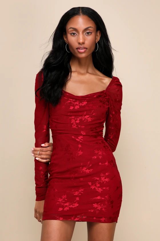Sultry Occasion Wine Red Mesh Floral Long Sleeve Mini Dress | Lulus (US)