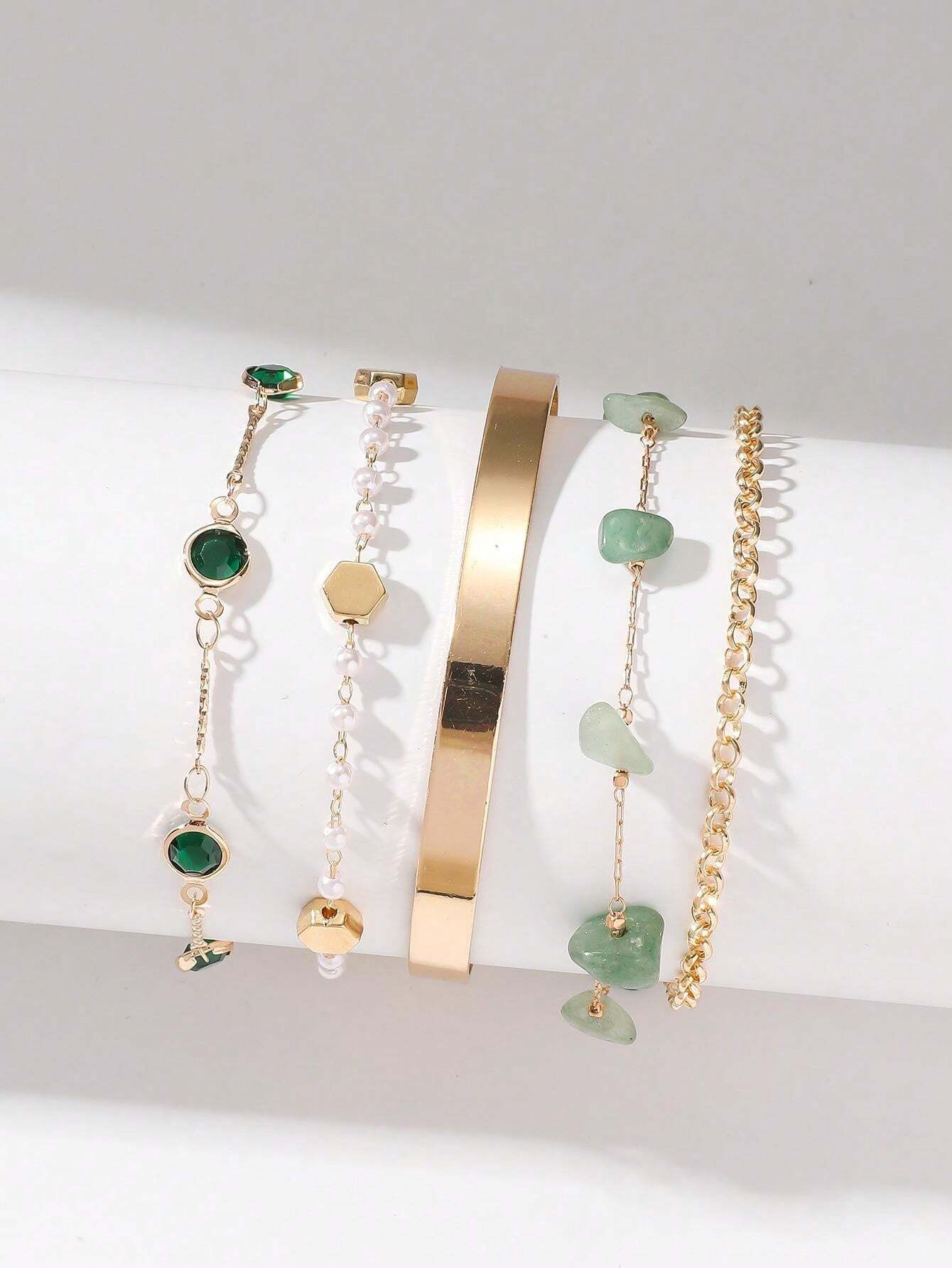 5pcs/Set Elegant Sweet Charm Bracelets Set, High Quality Design For Women Daily Wear (Note: The Accessories Such As Glass, Faux Pearls, Stones On The Bracelets Are Handmade And The Quantity Is Randomly Shipped) | SHEIN