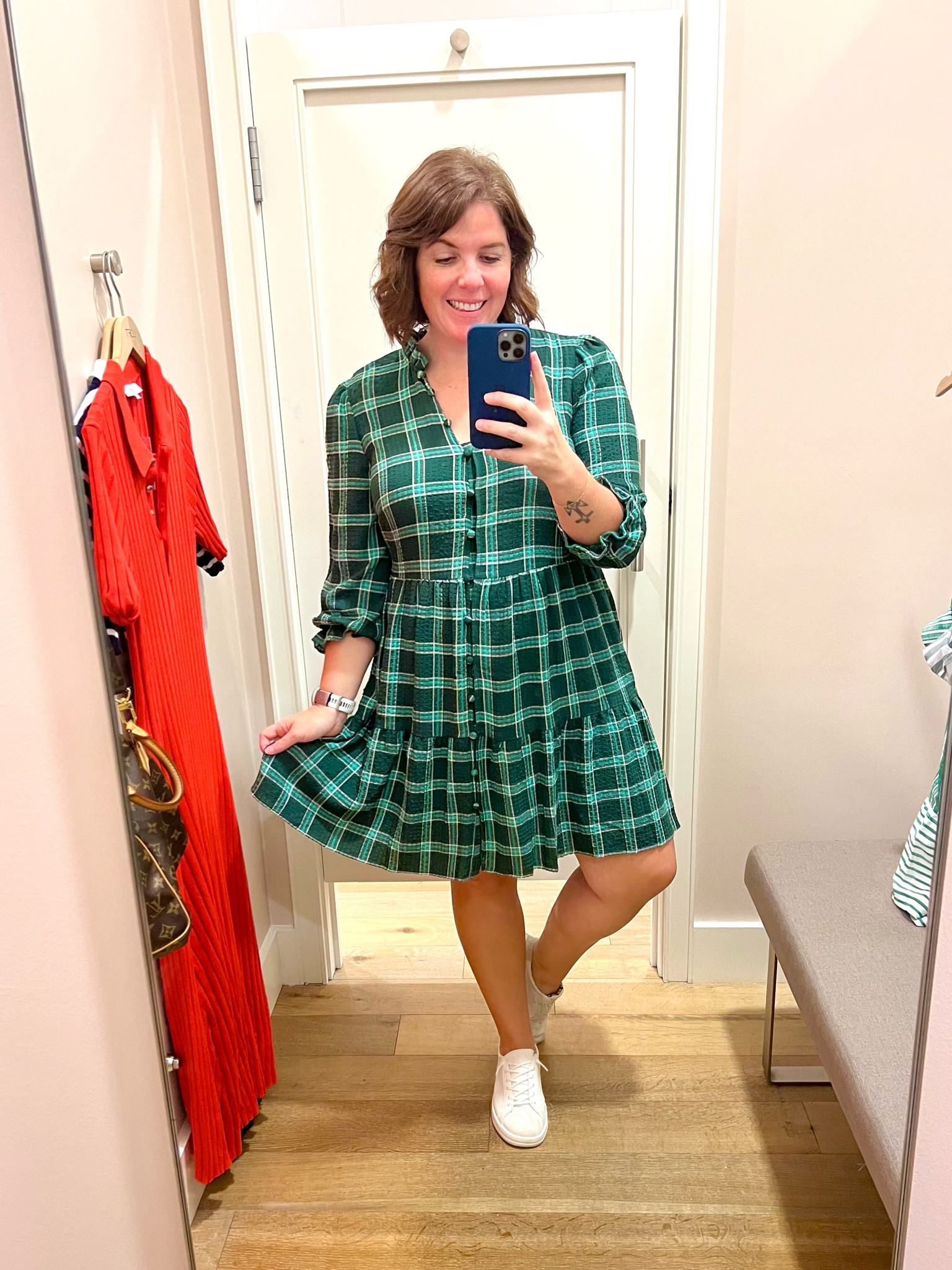 loft green plaid dress Green Plaid Wool Swing Dress – Vintage Belted Midi Dress 5343 Green / XL main image 1