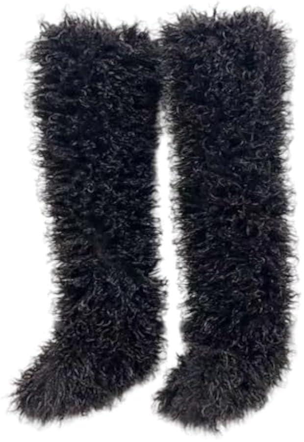 Black Thigh High Fur Boots, Over the Knee Fluffy High Boots, Tall Furry shoes for Women | Amazon (US)