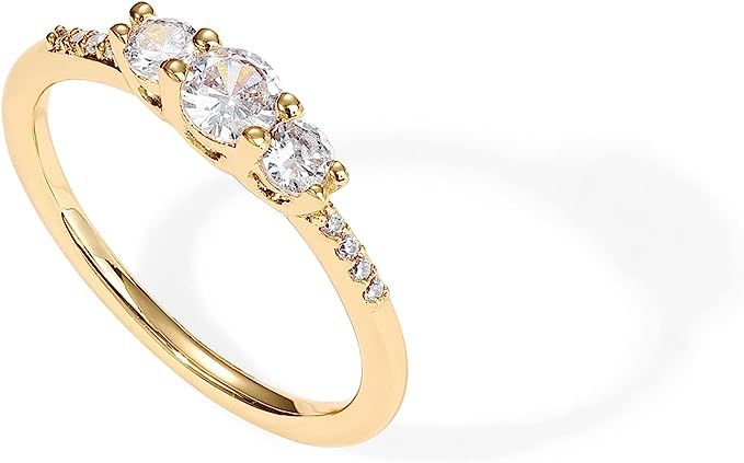 PAVOI 14K Gold Plated Cubic Zirconia Round 3-Stone Ring | Engagement Style Ring for Women | Promi... | Amazon (US)