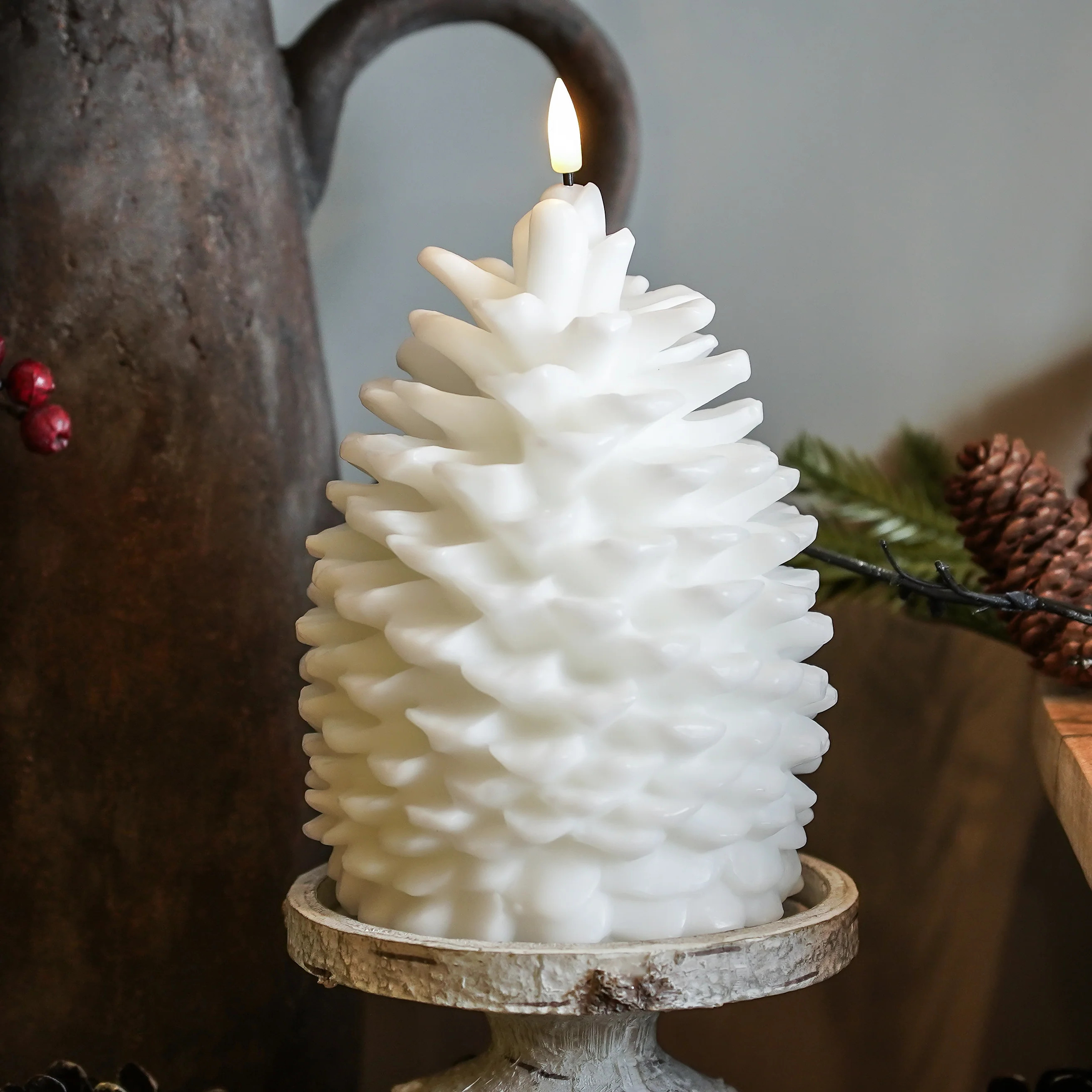 Flameless White Pinecone Candle | LED Built-in Timer | MJHome