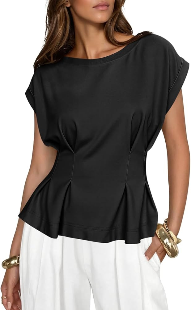 Cicy Bell Womens Peplum Tank Tops Summer Cap Sleeve Babydoll Shirts Dressy Casual Crew Neck Pleat... | Amazon (US)