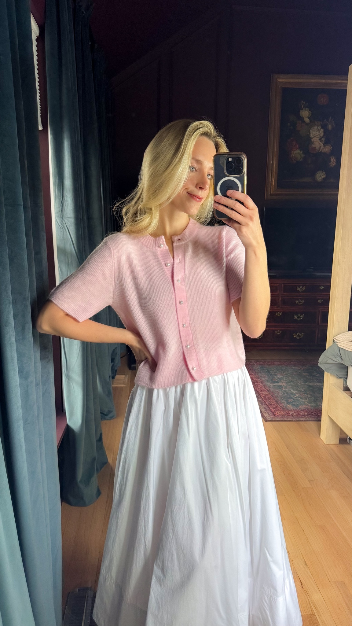 Love this Abercrombie pink cardigan short sleeve top workwear office outfits working mom white skirt maxi skirt midi skirt 

 #LTKgrwm #LTKootd #LTKWorkwear