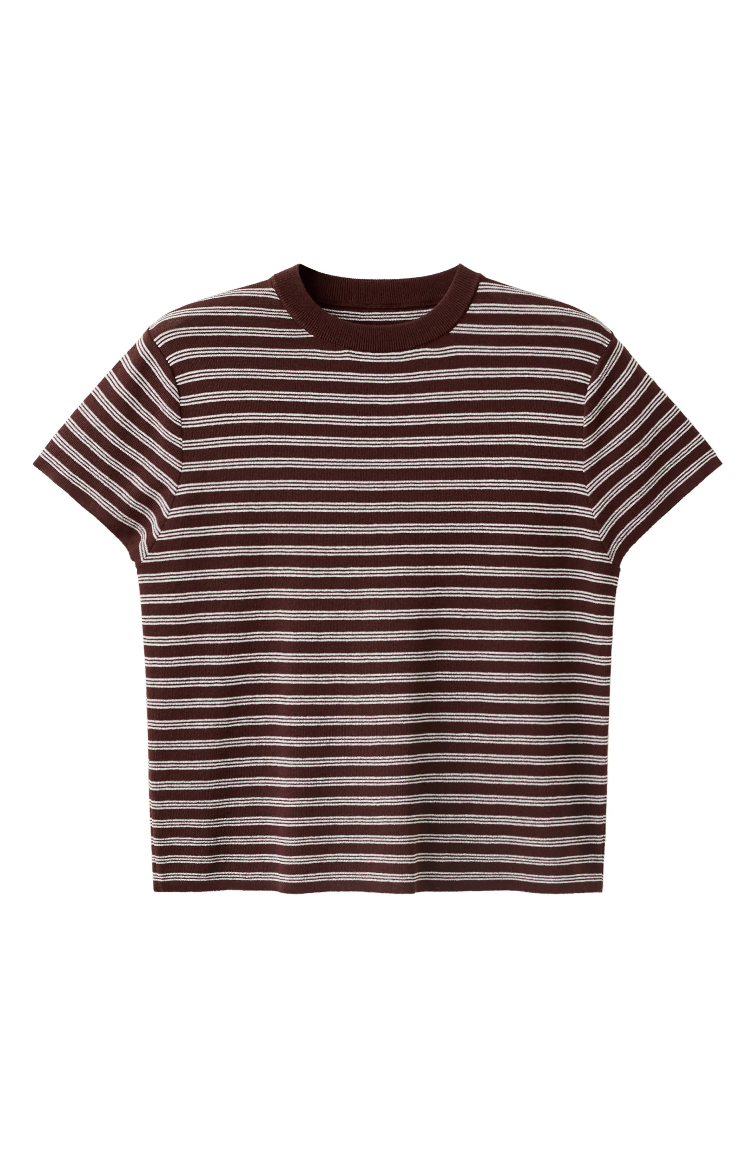 MANGO Striped Ribbed Short Sleeve Sweater in Chocolate at Nordstrom, Size Large | Nordstrom