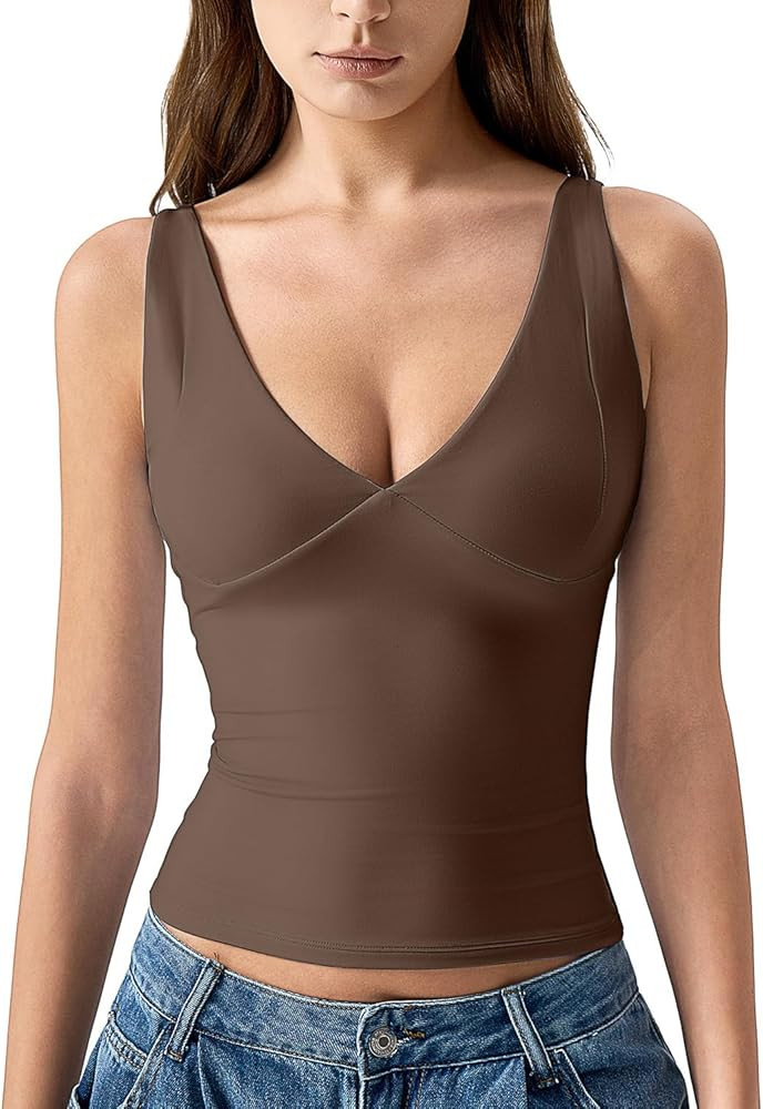 QINSEN Womens Double Lined Tank Tops Sexy V Neck Seamed Cup Adjustable Spaghetti Straps Camisole ... | Amazon (US)