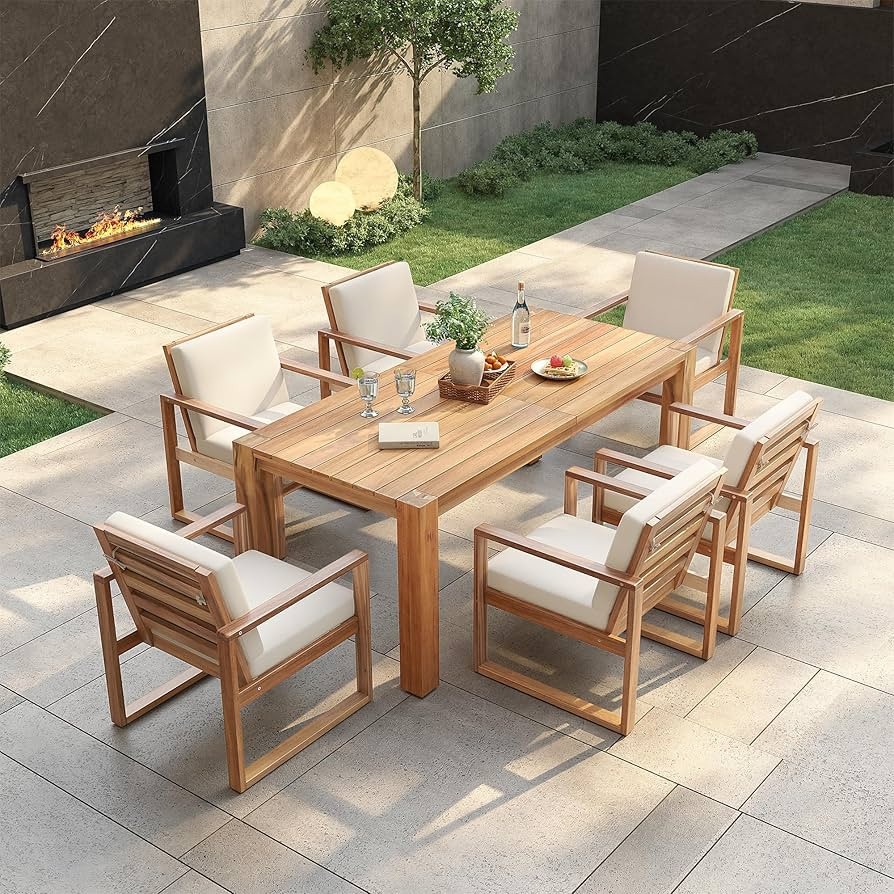 7 Piece Patio Dining Table Set with Umbrella Hole, Outdoor Acacia Wood Furniture Set with Removable Cushion for Garden, Backyard, Lawn, Poolside (Beige,Light Teak) | Amazon (US)