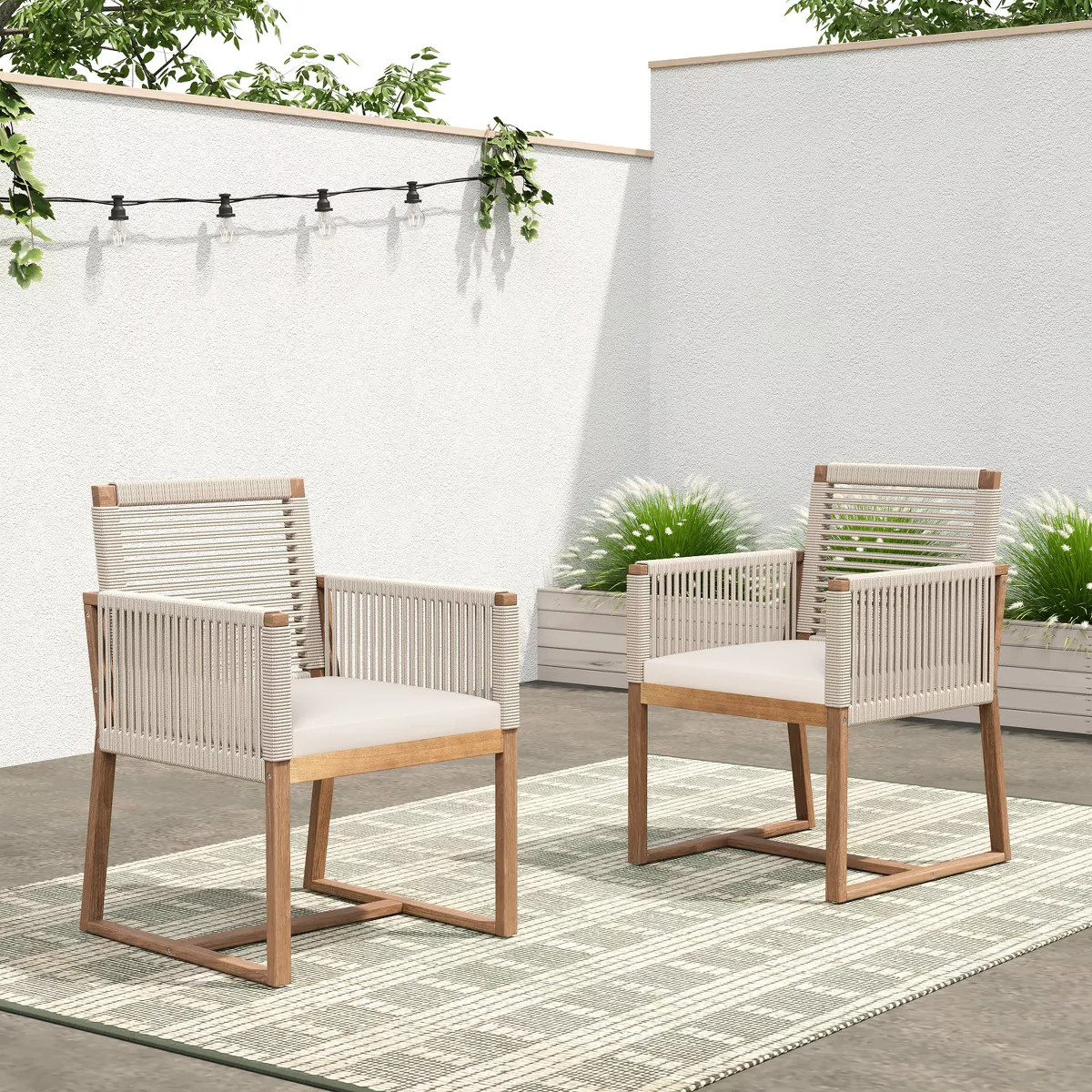 Set of 2 Acacia Wood Patio Chairs with Handwoven Rope Back & Arms, Outdoor Dining Chairs with Wat... | Target