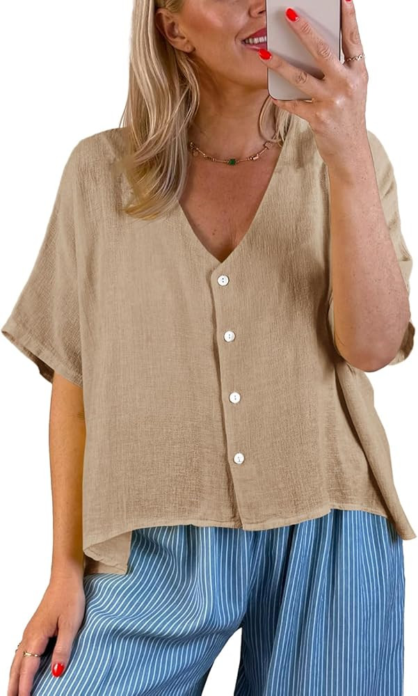 Tankaneo Womens Shirt Tops Batwing Short Sleeve Blouse Summer Casual Oversized V Neck Button Down... | Amazon (US)