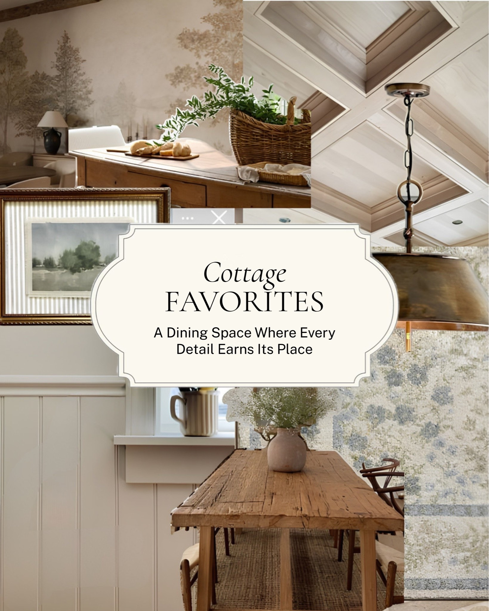 A dining space where every detail earns its place: a reclaimed wood table, an antiqued brass pendant, framed landscape art, and a stoneware vase.

All linked here 🤍 #LTKhome